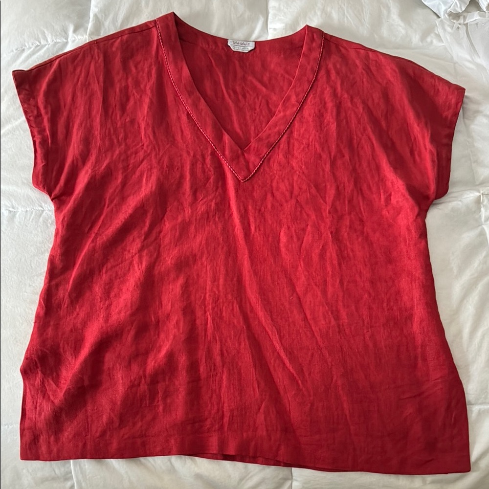 Tahari 100% Linen Red V-Neck Women's Top